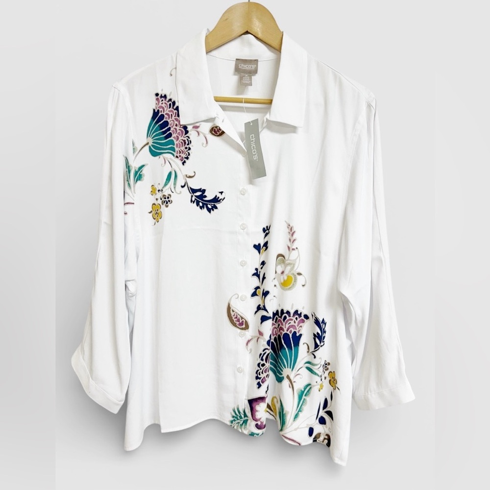 Chico’s White Whimsy Button Up Blouse 3/4 Sleeve Lightweight Sz 3 (XL) NWT - Picture 7 of 8
